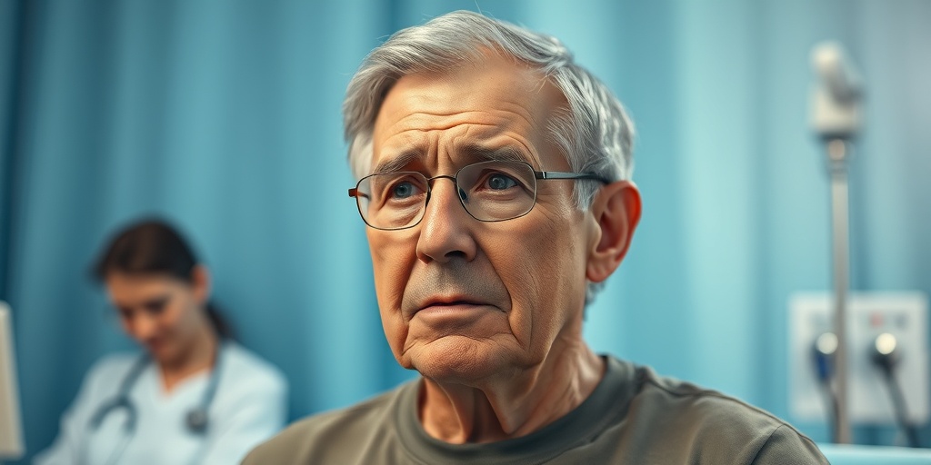 A middle-aged person in a clinical setting showing signs of cognitive decline, surrounded by supportive family and medical equipment.  2.png