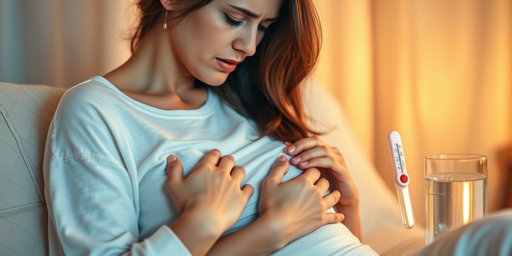 A mother in a softly lit room holds her breast, displaying pain while surrounded by a thermometer and water.2.png