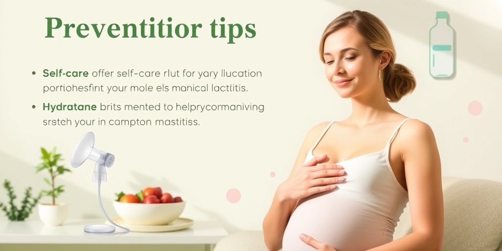 A mother practices self-care with a breast pump and healthy meal, promoting proactive measures against lactation mastitis in serene colors.5.png