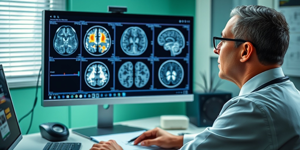 A neurologist analyzing brain scans on a computer, focusing on ischemic areas in a modern medical office with bright lighting.  3.png
