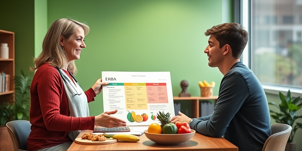 A nutritionist guides a patient on EHBA dietary choices in a modern office filled with fresh produce.3.png