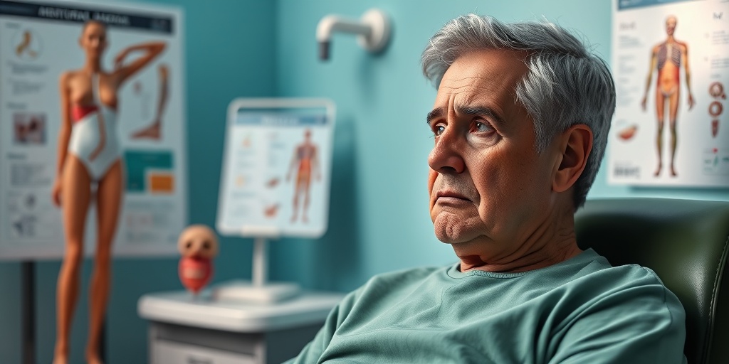 A patient in a clinical setting, reflecting concern amidst medical charts and anatomical models in soothing colors.2.png
