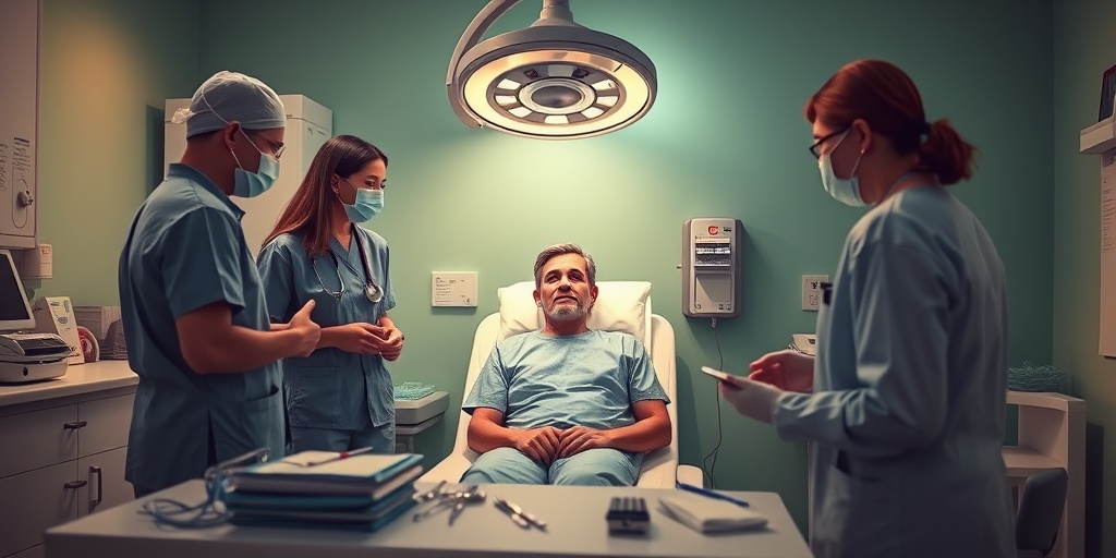 A patient prepares for Nasal Septal Perforation Repair, surrounded by supportive medical staff in a calming pre-operative environment.  4.png