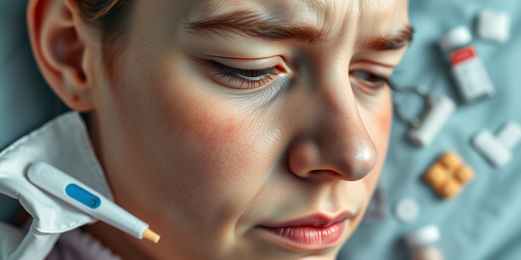 A patient reflects on fatigue from frequent infections, surrounded by symptoms like a thermometer and tissues. 2.png