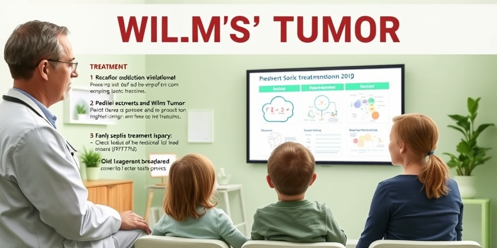 A pediatric oncologist explains treatment options to a family, using visual aids in a calming green and white environment.  4.png
