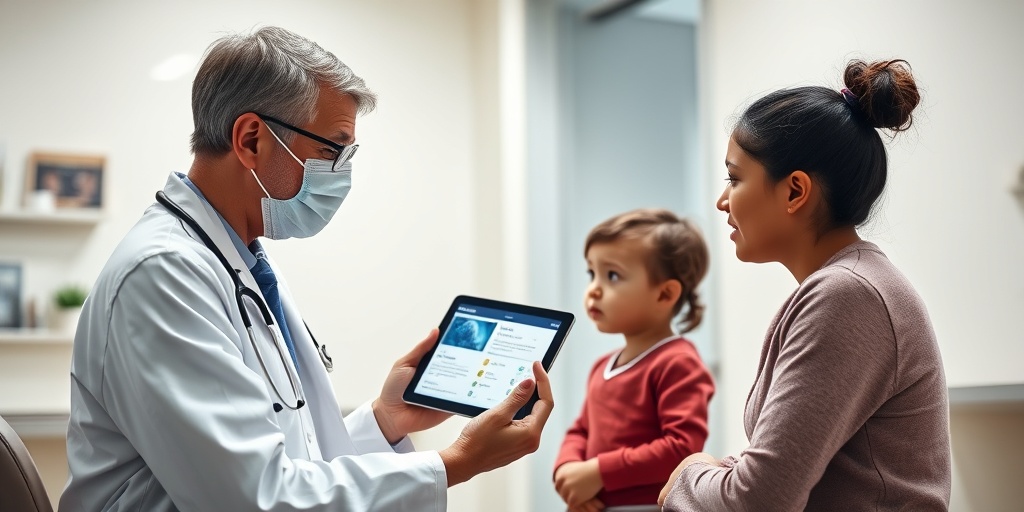 A pediatrician discusses COVID-19 treatments with a parent and child in a comforting clinic environment.  4.png