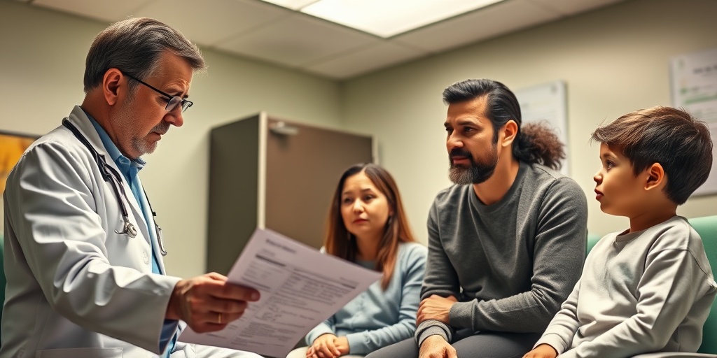 A pediatrician discusses Wilms' Tumor diagnosis with a family, fostering open communication in a well-lit examination room.  3.png