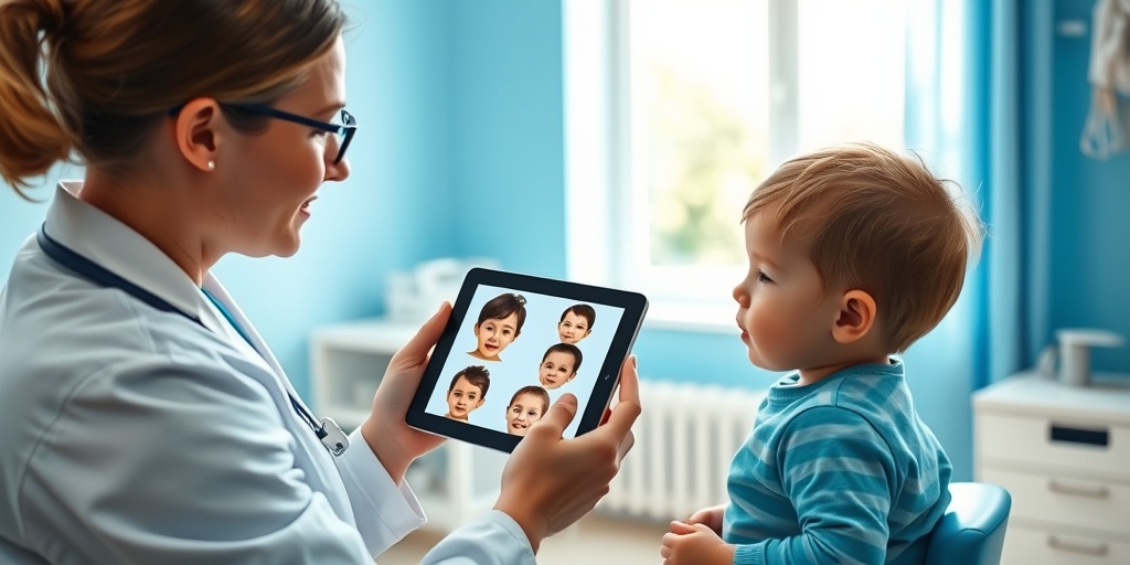 A pediatrician examines a child with Apert Syndrome, using a tablet to discuss craniofacial features in a bright room. 3.png