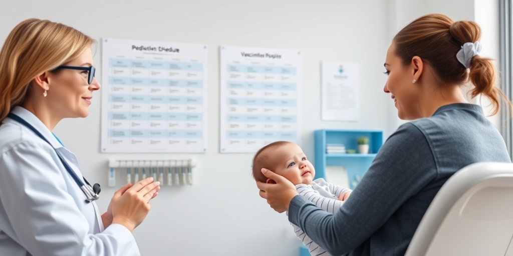 A pediatrician explains vaccinations to a parent and baby in a bright, welcoming office, creating a reassuring atmosphere.4.png