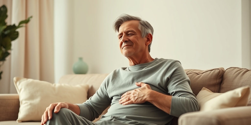 A person relaxes in a cozy living room, expressing relief after taking NSAIDs, surrounded by warm, inviting colors.  3.png
