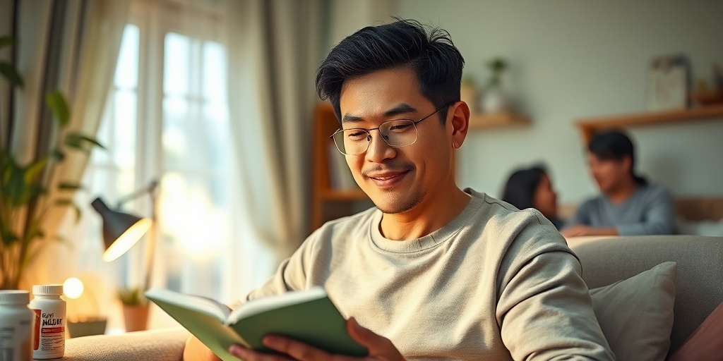 A resilient individual engages in daily activities at home, surrounded by supportive elements symbolizing growth and recovery.  5.png