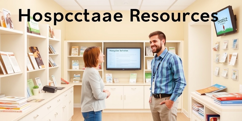 A resource center filled with brochures and a friendly staff member assisting a family in navigating hospice information.  5.png