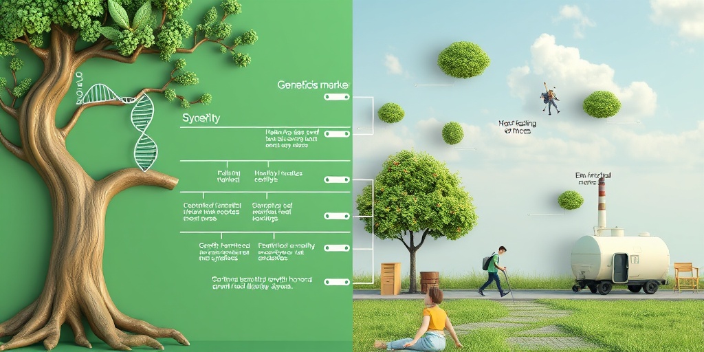 A split image illustrates genetic and environmental risk factors for growth hormone deficiency, blending greens and soft blues harmoniously.  3.png