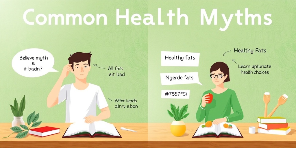 A split scene illustrates health myths, contrasting misconceptions with knowledge about healthy fats and balanced nutrition.  4.png