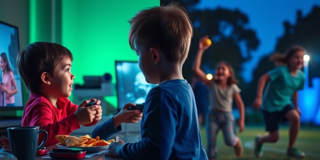 A split-screen shows a child gaming indoors versus playing outside with friends, highlighting healthy lifestyle choices. 3.png