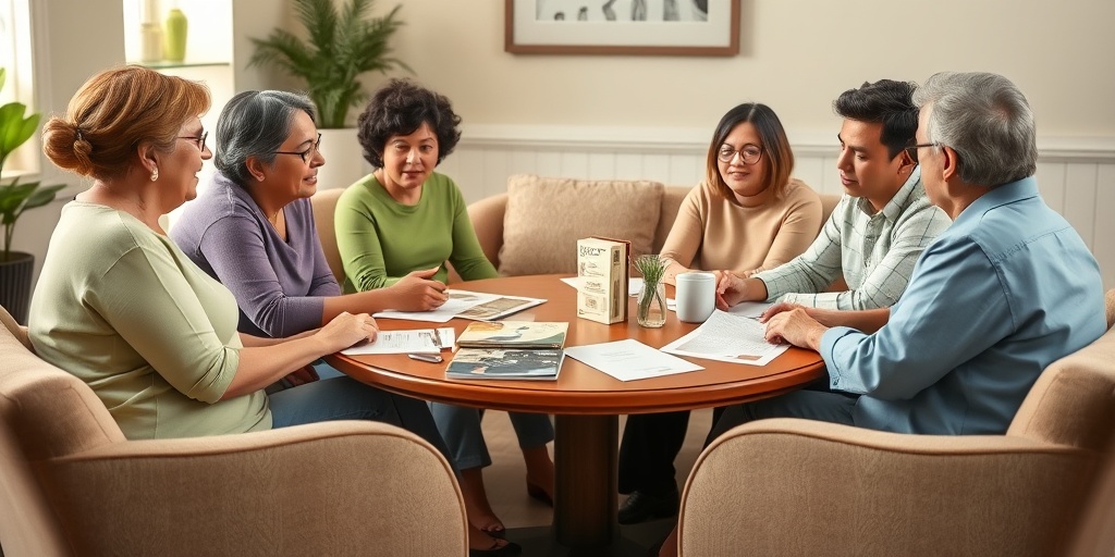 A support group for PKU families fosters community, with diverse participants sharing experiences in a warm, inviting setting.  5.png