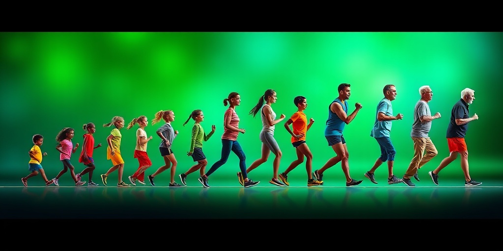 A timeline illustrates individuals of all ages engaging in fitness activities, emphasizing lifelong health benefits and vitality. 5.png