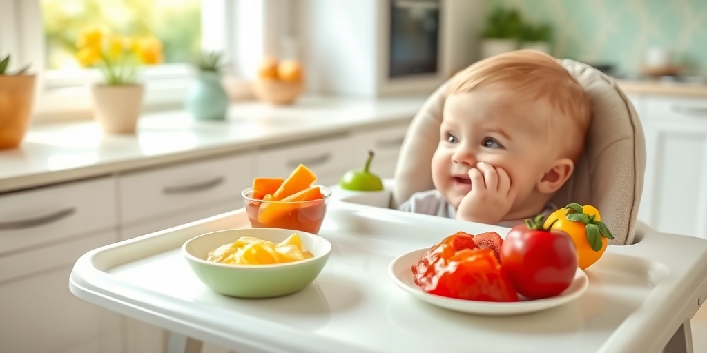 A vibrant baby meal of pureed fruits and vegetables sits on a high chair tray in a nurturing kitchen setting.3.png