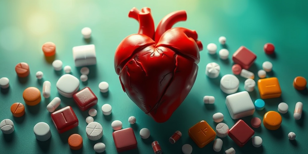 A vibrant heart surrounded by NSAIDs, symbolizing their impact on heart health, set against a calming green and blue background.  5.png