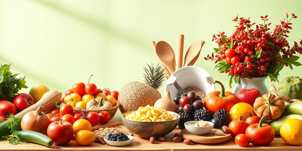 A vibrant table of nutritious foods showcases healthy options for postmenopausal women, emphasizing empowerment through diet. 4.png