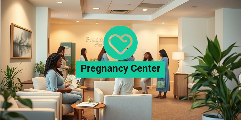 A welcoming pregnancy center with soft lighting, comfortable seating, and expectant mothers sharing experiences in a supportive atmosphere. • Yesil Health AI
