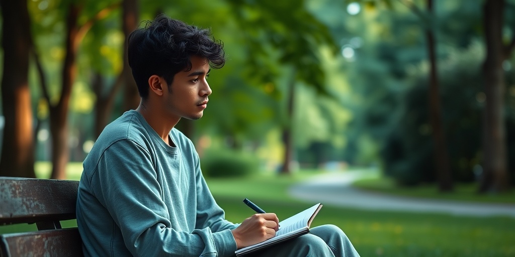 A young adult reflects on long COVID in a serene park, surrounded by symbols of healing and growth.  5.png