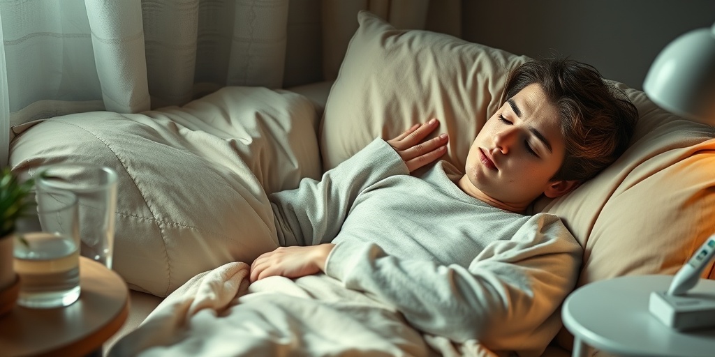 A young adult resting on a couch, surrounded by comforting elements, reflecting the fatigue of Epstein-Barr Virus symptoms.2.png