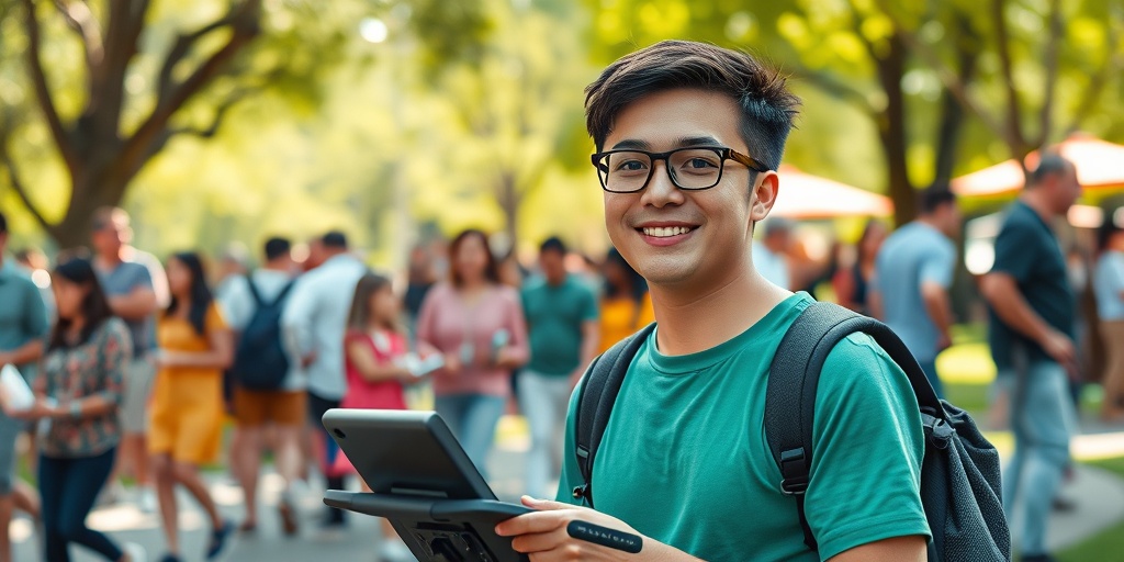 A young adult with SMA confidently engages in a community event, showcasing adaptive technology and a vibrant park setting. 5.png