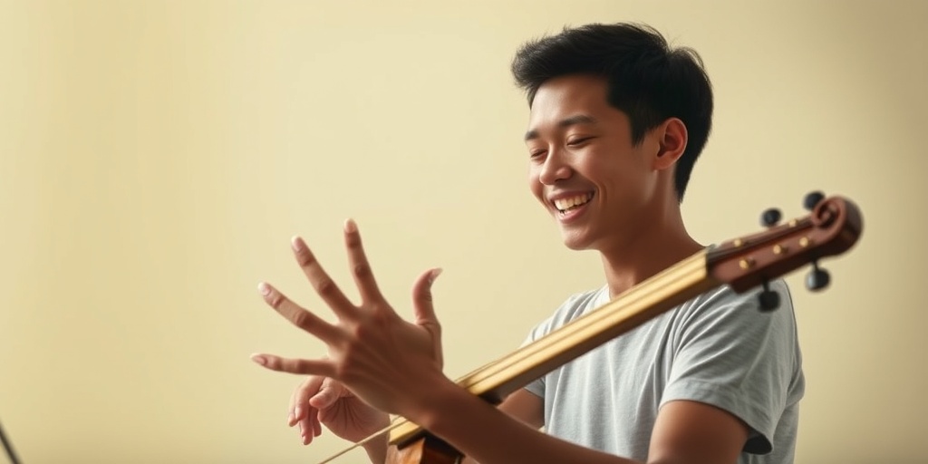 A young adult with arachnodactyly joyfully plays a musical instrument, highlighting their skillful use of elongated fingers in uplifting lighting.  5.png