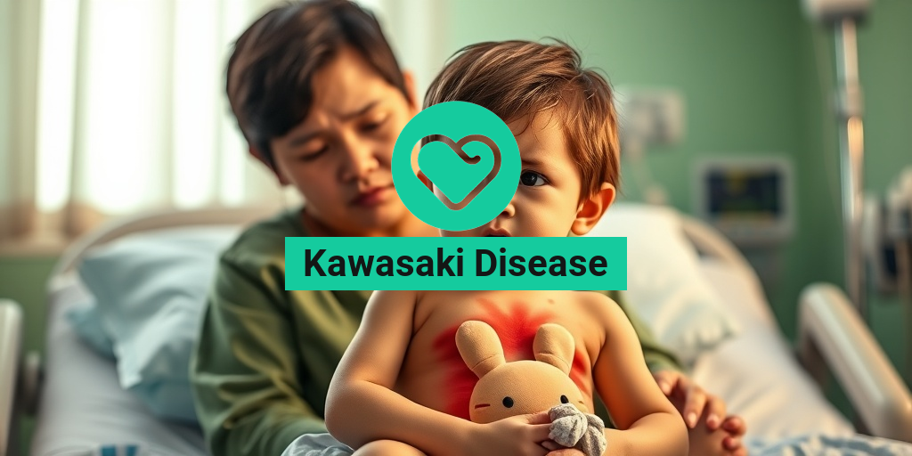 A young child in a hospital bed, showing Kawasaki Disease symptoms, with a concerned parent nearby. • Yesil Health AI