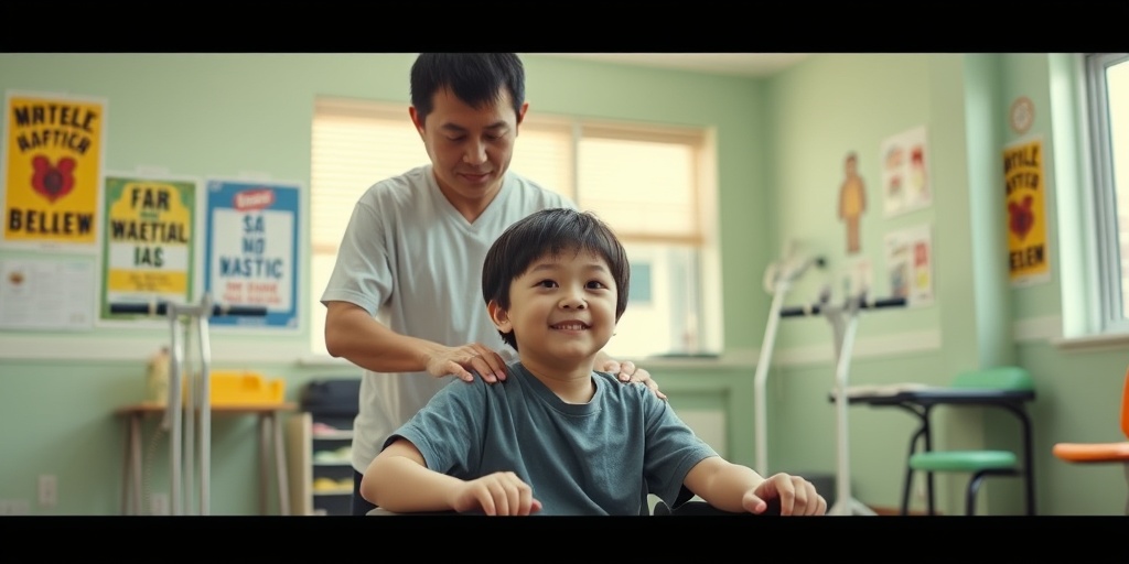 A young survivor in rehabilitation therapy, guided by a therapist in a bright, supportive environment.  5.png