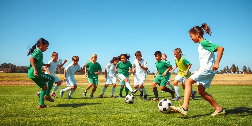 A youth soccer team practices drills on a sunny day, showcasing teamwork and camaraderie among diverse players. 4.png