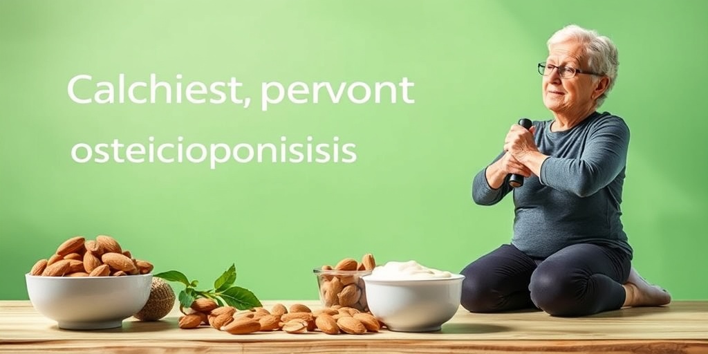 An active older adult engages in weight-bearing exercises, surrounded by calcium-rich foods, promoting a healthy lifestyle and osteoporosis prevention. 5.png