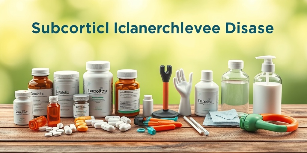 An array of treatment options for Subcortical Ischemic Vascular Disease displayed on a wooden table, symbolizing hope and health management.  4.png