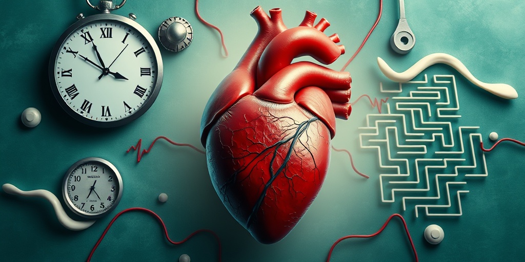 An artistic heart surrounded by a clock and maze, symbolizing bradycardia complications, rendered in photorealistic detail with calming colors.  4.png