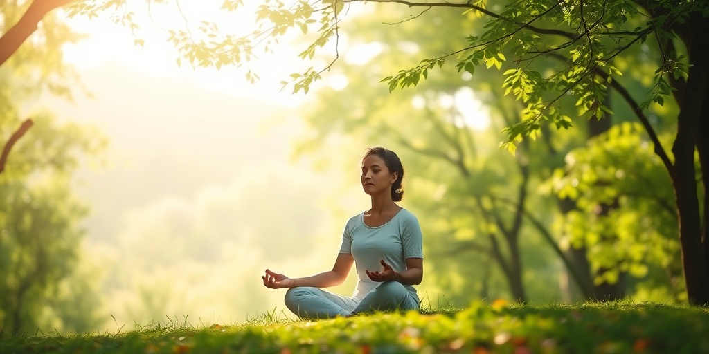 An individual practicing mindfulness in nature, depicted in a meditative pose, surrounded by soft light and serene colors, conveying hope.  5.png
