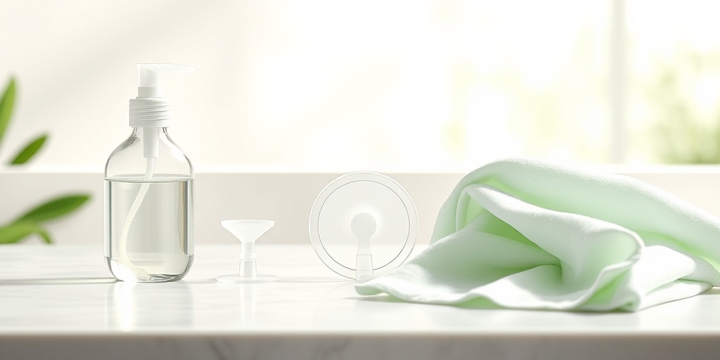 An organized countertop featuring diaphragm care items, including a cleaning solution and cloth, in a fresh and hygienic setting. 4.png