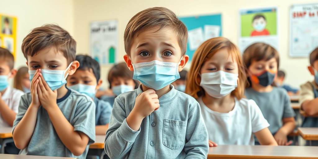 Children in a classroom show symptoms of COVID-19, expressing concern amidst educational posters.  2.png