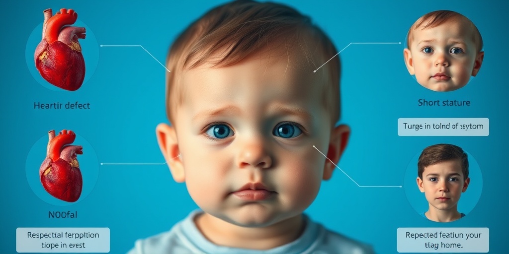Close-up of Noonan Syndrome symptoms, including heart defects and facial features, against a soft blue background.  2.png