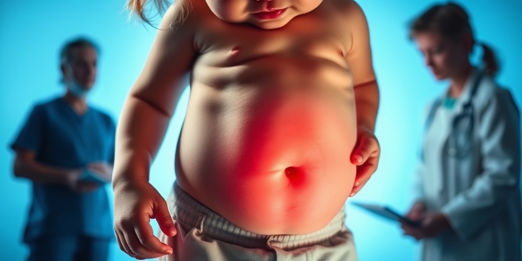 Close-up of a child's abdomen reveals a Wilms' Tumor mass, with concerned medical professionals in a calm blue background.  2.png