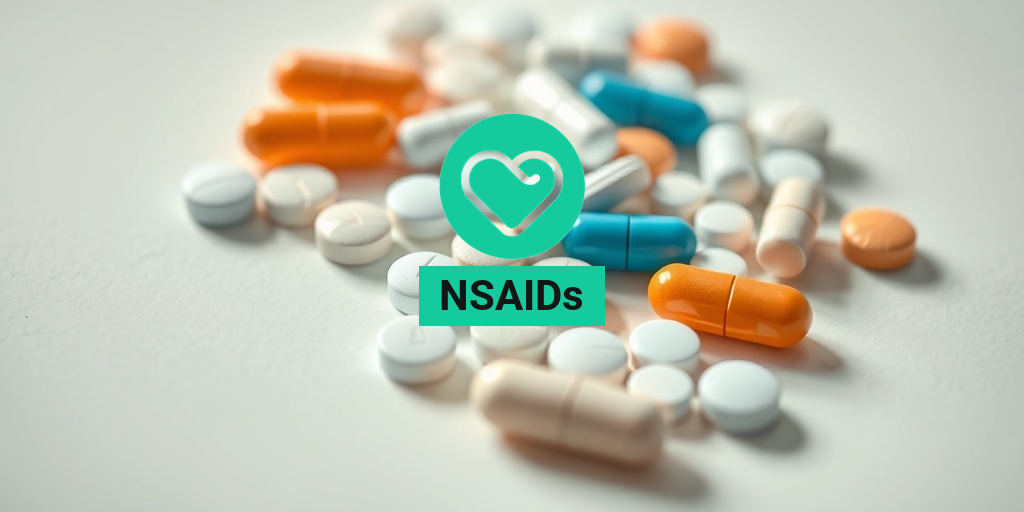 Close-up of colorful NSAID medications on a clean white surface, evoking calmness with a soft green background. • Yesil Health AI