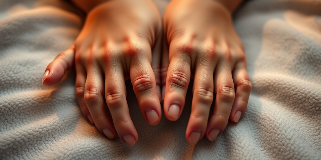 Close-up of hands with arachnodactyly, highlighting elongated fingers against a soft, textured surface with subtle blue tones.  2.png