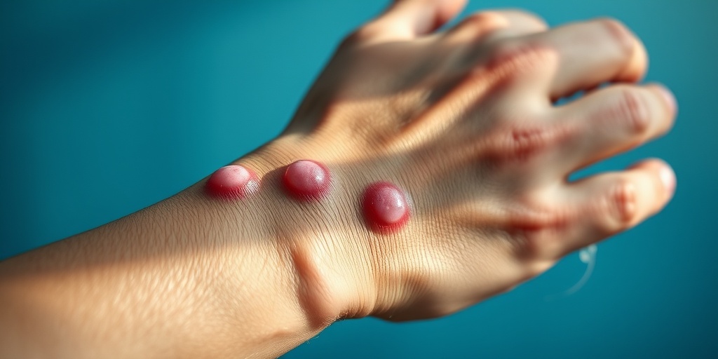 Close-up of skin lesions on a forearm, detailed and compassionate, set against a soft blue background for educational impact.  2.png