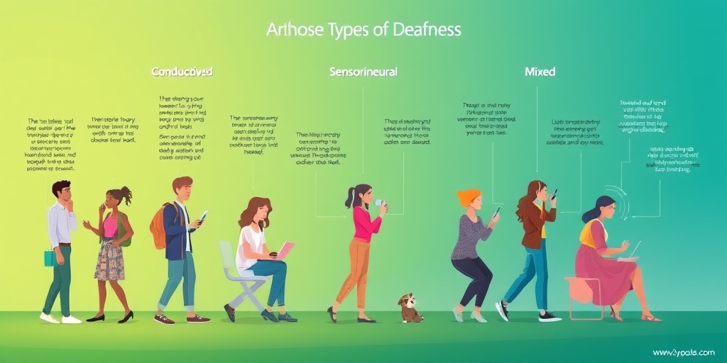 Diverse individuals illustrate various types of deafness, engaged in activities, highlighting unique experiences and understanding.  2.png