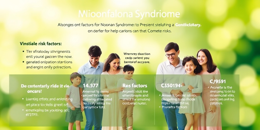 Diverse individuals in a supportive setting highlight risk factors for Noonan Syndrome, surrounded by a harmonious green and white backdrop.  3.png