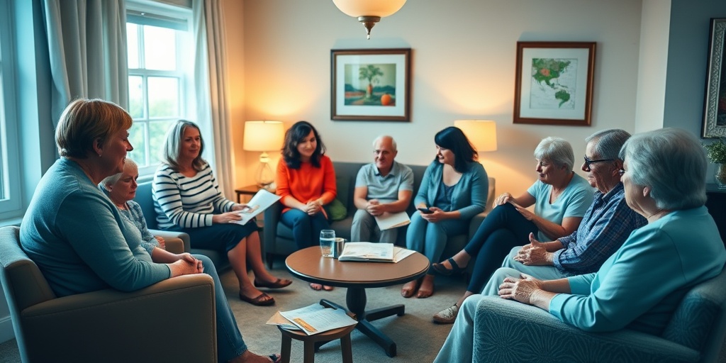 Families gather in a cozy room for a Wilms' Tumor support group, sharing experiences and resources in a warm atmosphere.  5.png