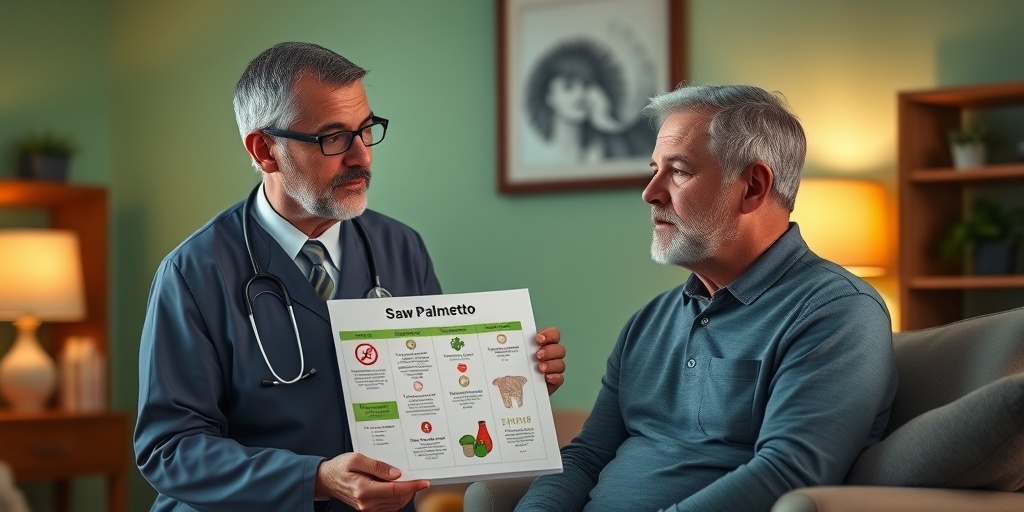 Healthcare professional explains saw palmetto uses to an engaged patient in a cozy office, highlighting prostate health benefits.  3.png
