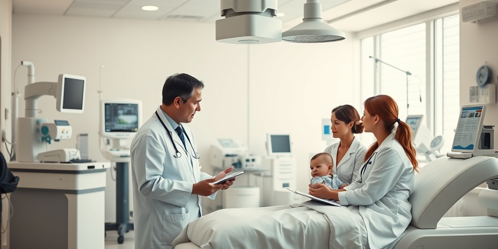 Healthcare professionals discuss treatment options with a family in a modern facility, emphasizing collaboration and hope for SMA. 4.png