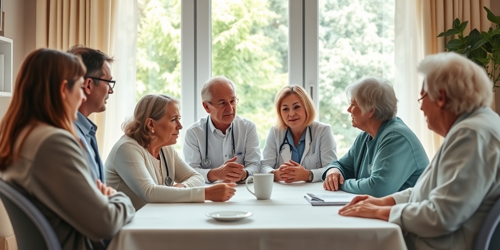 Healthcare professionals engaged in a heartfelt discussion, surrounded by calming colors and a view of a lush garden.  2.png