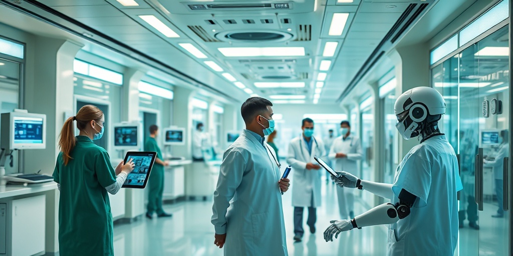 Healthcare professionals interact with AI-driven tools in a futuristic hospital, showcasing collaboration between humans and technology.5.png